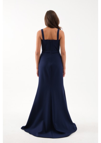 Kadın Lacivert Taşlı Yırtmaçlı Söz Nişan Nikah Abiye Elbise indirimleri