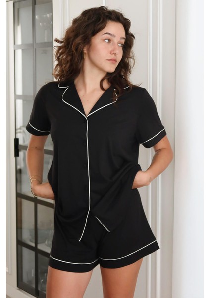 Modal Biyeli Şortlu Pijama Takımı / Siyah