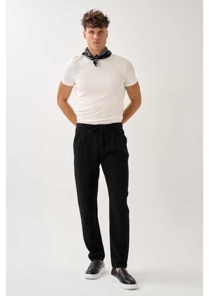 Regular Fit Beli Lastikli Keten Pantolon