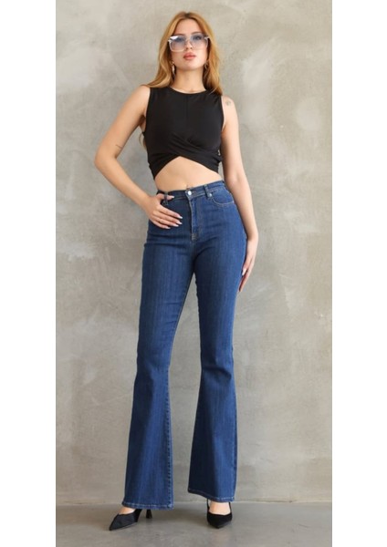 Kadın Yüksek Bel Ispanyol Paça Koyu Mavi Denim Likralı Jean Pantolon