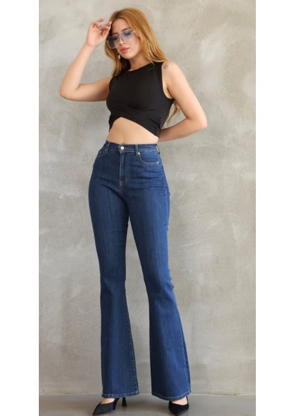Kadın Yüksek Bel Ispanyol Paça Koyu Mavi Denim Likralı Jean Pantolon fiyatları