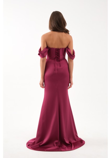 Kadın Bordo Kayık Yaka Boncuklu Uzun Saten Abiye Elbise indirimleri