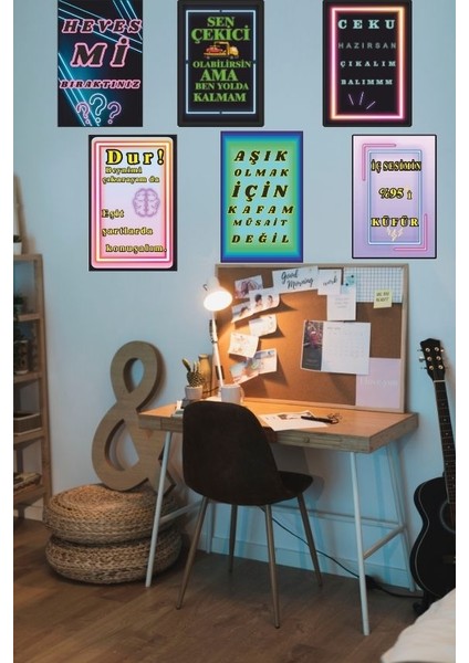 Neon Görünümlü Espirili Duvar Tablo Seti (6'lı - 15X22 Cm)