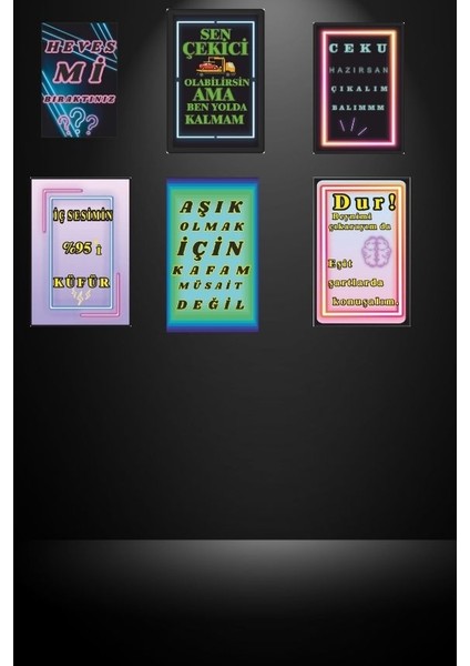 Neon Görünümlü Espirili Duvar Tablo Seti (6'lı - 15X22 Cm) fiyatları