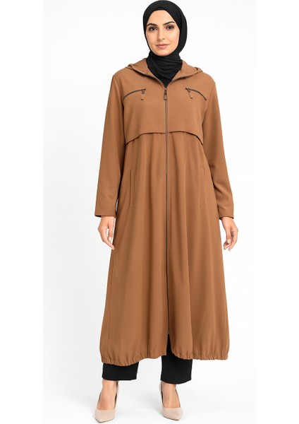 Taba Kapüşonlu Fermuarlı Tesettür Kap - Rahat Günlük Dış Giyim