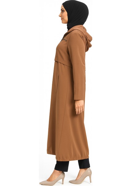 Taba Kapüşonlu Fermuarlı Tesettür Kap - Rahat Günlük Dış Giyim modelleri