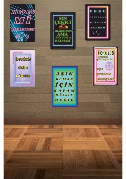 Neon Görünümlü Espirili Duvar Tablo Seti (6'lı - 15X22 Cm) fırsatları