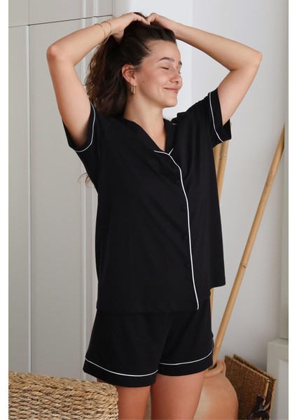 Modal Biyeli Şortlu Pijama Takımı / Siyah fiyatları