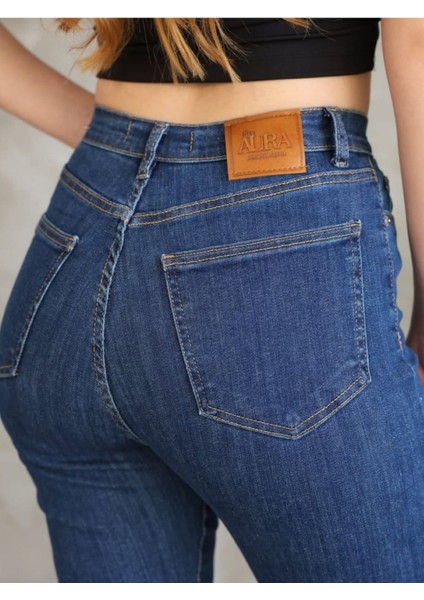 Kadın Yüksek Bel Ispanyol Paça Koyu Mavi Denim Likralı Jean Pantolon indirimleri