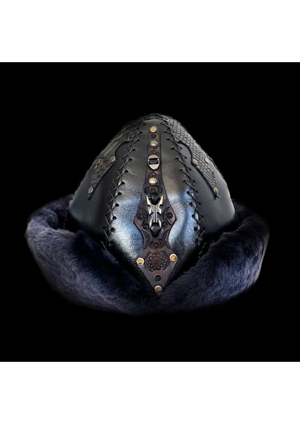 Ertuğrul Gazi Zımbalı Pirinç Broş Çapraz Dikiş Hakiki Deri Börk Şapka Siyah-60