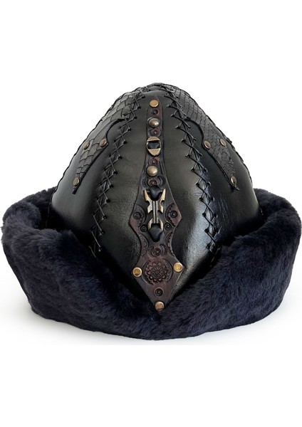 Ertuğrul Gazi Zımbalı Pirinç Broş Çapraz Dikiş Hakiki Deri Börk Şapka Siyah-60 fiyatları