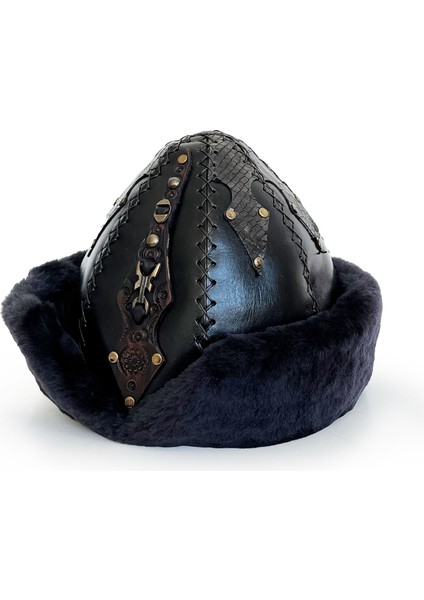 Ertuğrul Gazi Zımbalı Pirinç Broş Çapraz Dikiş Hakiki Deri Börk Şapka Siyah-60 indirimleri