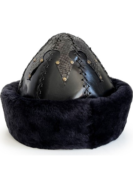 Ertuğrul Gazi Zımbalı Pirinç Broş Çapraz Dikiş Hakiki Deri Börk Şapka Siyah-60