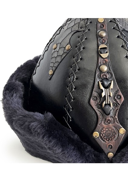 Ertuğrul Gazi Zımbalı Pirinç Broş Çapraz Dikiş Hakiki Deri Börk Şapka Siyah-60