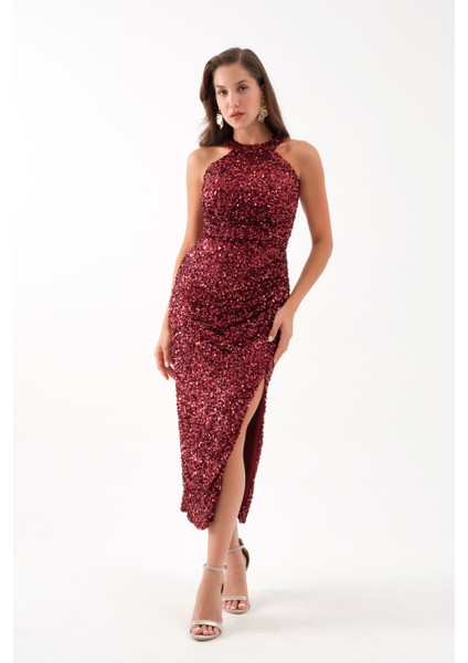 Kadın Bordo Halter Yaka Payetli Abiye Elbise