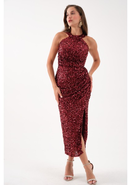 Kadın Bordo Halter Yaka Payetli Abiye Elbise fiyatları