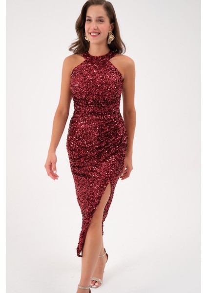 Kadın Bordo Halter Yaka Payetli Abiye Elbise fırsatları