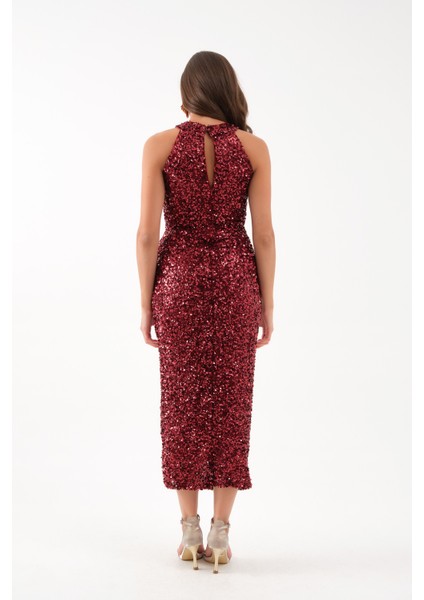 Kadın Bordo Halter Yaka Payetli Abiye Elbise indirimleri