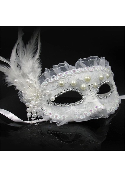 Beyaz Renk Yandan Tüylü Inci Işlemeli Taşlı Dantelli Parti Maskesi 17X12 cm fiyatları