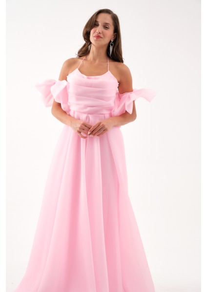 Kadın Pudra Göğüs Drapeli Organze Abiye Elbise fiyatları