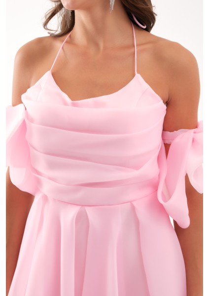 Kadın Pudra Göğüs Drapeli Organze Abiye Elbise modelleri