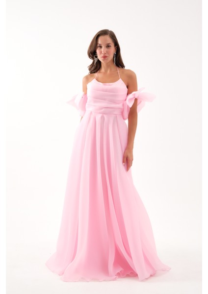 Kadın Pudra Göğüs Drapeli Organze Abiye Elbise fırsatları