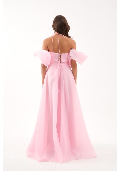 Kadın Pudra Göğüs Drapeli Organze Abiye Elbise indirimleri