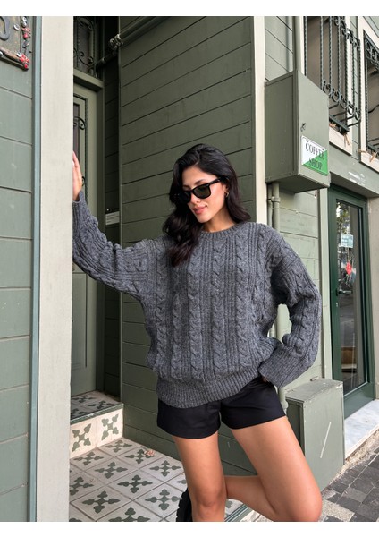 KZK0006 Kadın Antrasit Saç Örgülü Selanik Fitilli Rory Gilmore Oversize Triko Kazak
