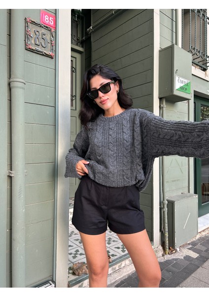 KZK0006 Kadın Antrasit Saç Örgülü Selanik Fitilli Rory Gilmore Oversize Triko Kazak fiyatları