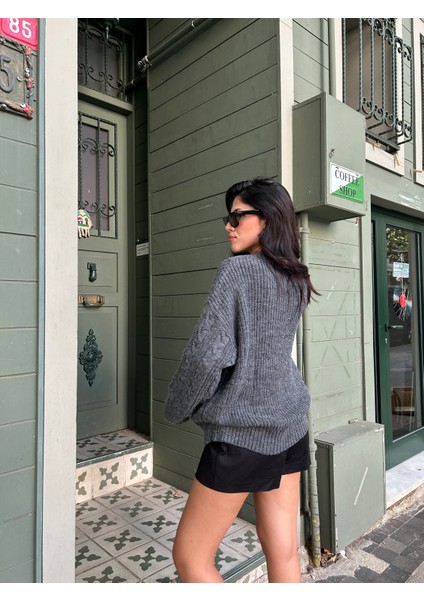 KZK0006 Kadın Antrasit Saç Örgülü Selanik Fitilli Rory Gilmore Oversize Triko Kazak modelleri