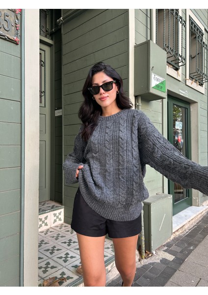 KZK0006 Kadın Antrasit Saç Örgülü Selanik Fitilli Rory Gilmore Oversize Triko Kazak fırsatları