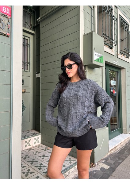 KZK0006 Kadın Antrasit Saç Örgülü Selanik Fitilli Rory Gilmore Oversize Triko Kazak indirimleri