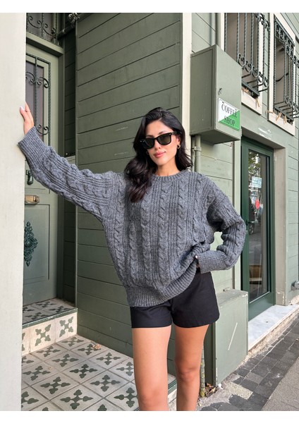 KZK0006 Kadın Antrasit Saç Örgülü Selanik Fitilli Rory Gilmore Oversize Triko Kazak