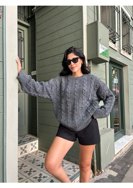 KZK0006 Kadın Antrasit Saç Örgülü Selanik Fitilli Rory Gilmore Oversize Triko Kazak