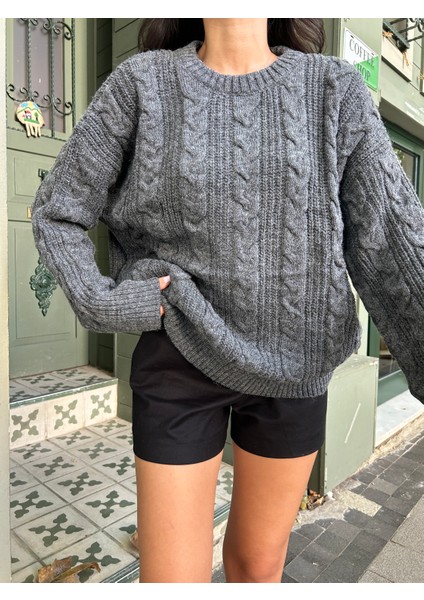 KZK0006 Kadın Antrasit Saç Örgülü Selanik Fitilli Rory Gilmore Oversize Triko Kazak