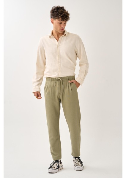Regular Fit Beli Lastikli Keten Pantolon