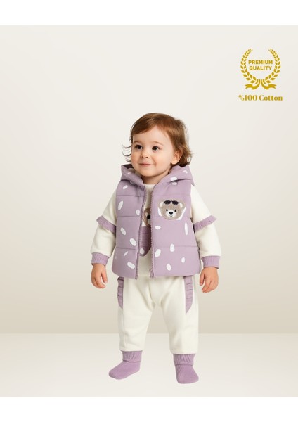 Yelek Ayıcık Nakışlı Baskılı Body'li Kız Bebek 3'lü Takım