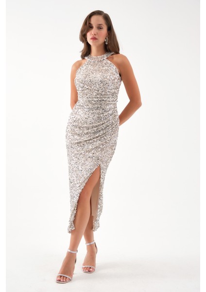 Kadın Bej Halter Yaka Payetli Abiye Elbise