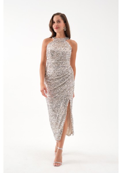 Kadın Bej Halter Yaka Payetli Abiye Elbise fiyatları