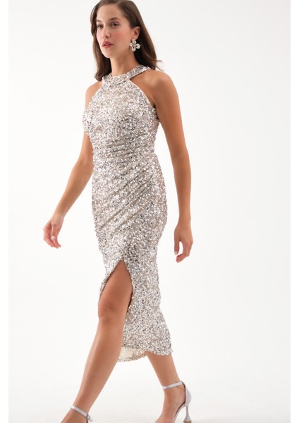Kadın Bej Halter Yaka Payetli Abiye Elbise fırsatları