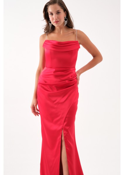 Kadın Kırmızı Taş Askılı Uzun Söz Nişan Abiye Elbise modelleri