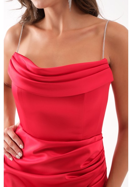 Kadın Kırmızı Taş Askılı Uzun Söz Nişan Abiye Elbise fırsatları