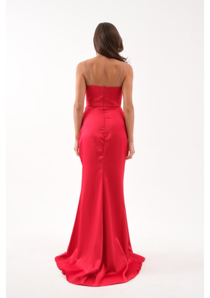 Kadın Kırmızı Taş Askılı Uzun Söz Nişan Abiye Elbise indirimleri