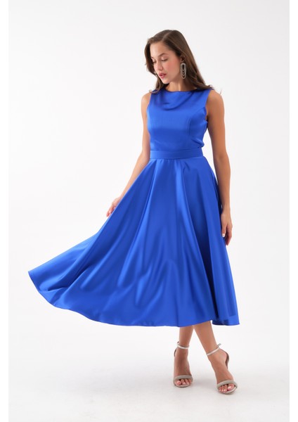 Kadın Saks Kalın Askılı Kemerli Midi Abiye Elbise