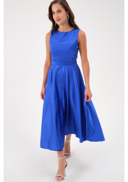 Kadın Saks Kalın Askılı Kemerli Midi Abiye Elbise fiyatları