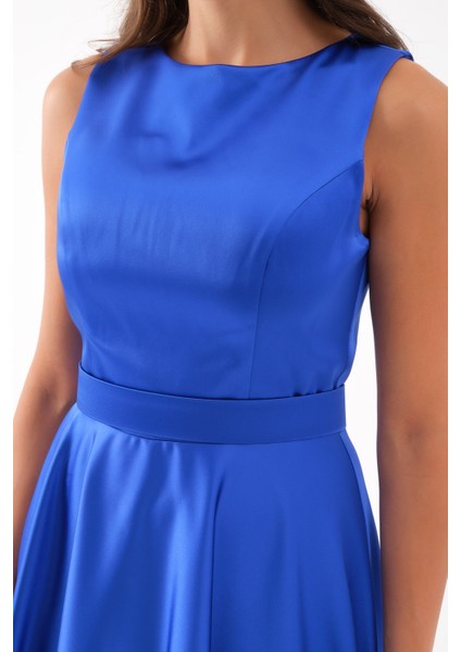 Kadın Saks Kalın Askılı Kemerli Midi Abiye Elbise modelleri