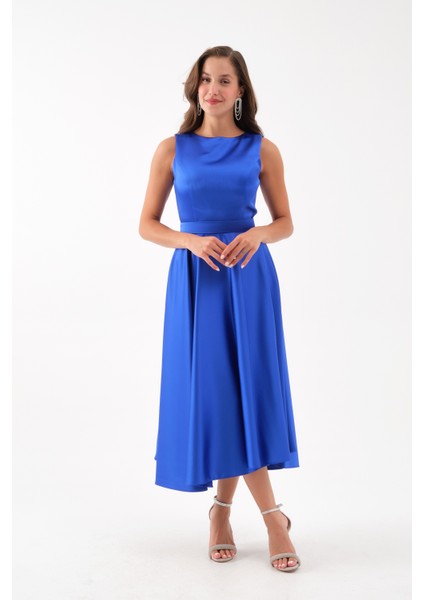 Kadın Saks Kalın Askılı Kemerli Midi Abiye Elbise fırsatları