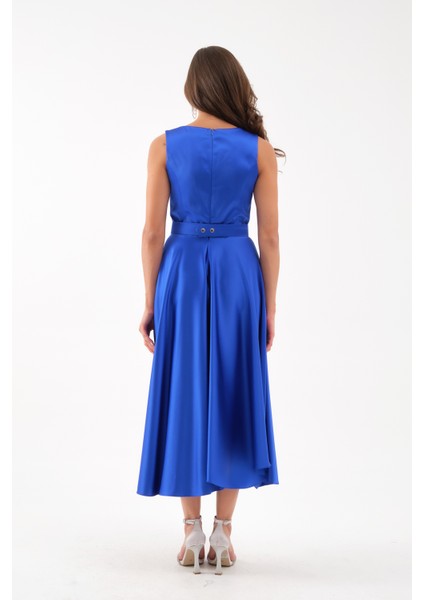 Kadın Saks Kalın Askılı Kemerli Midi Abiye Elbise indirimleri