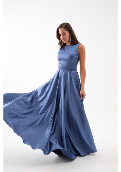 Kadın Indigo Kalın Askılı Saten Uzun Abiye Elbise