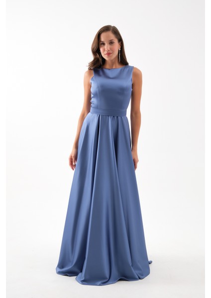 Kadın Indigo Kalın Askılı Saten Uzun Abiye Elbise fiyatları